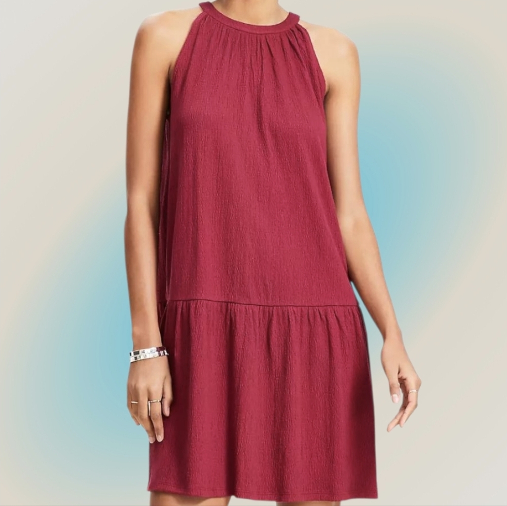 LOFT Petite Crinkle Flounce Mini Halter Dress